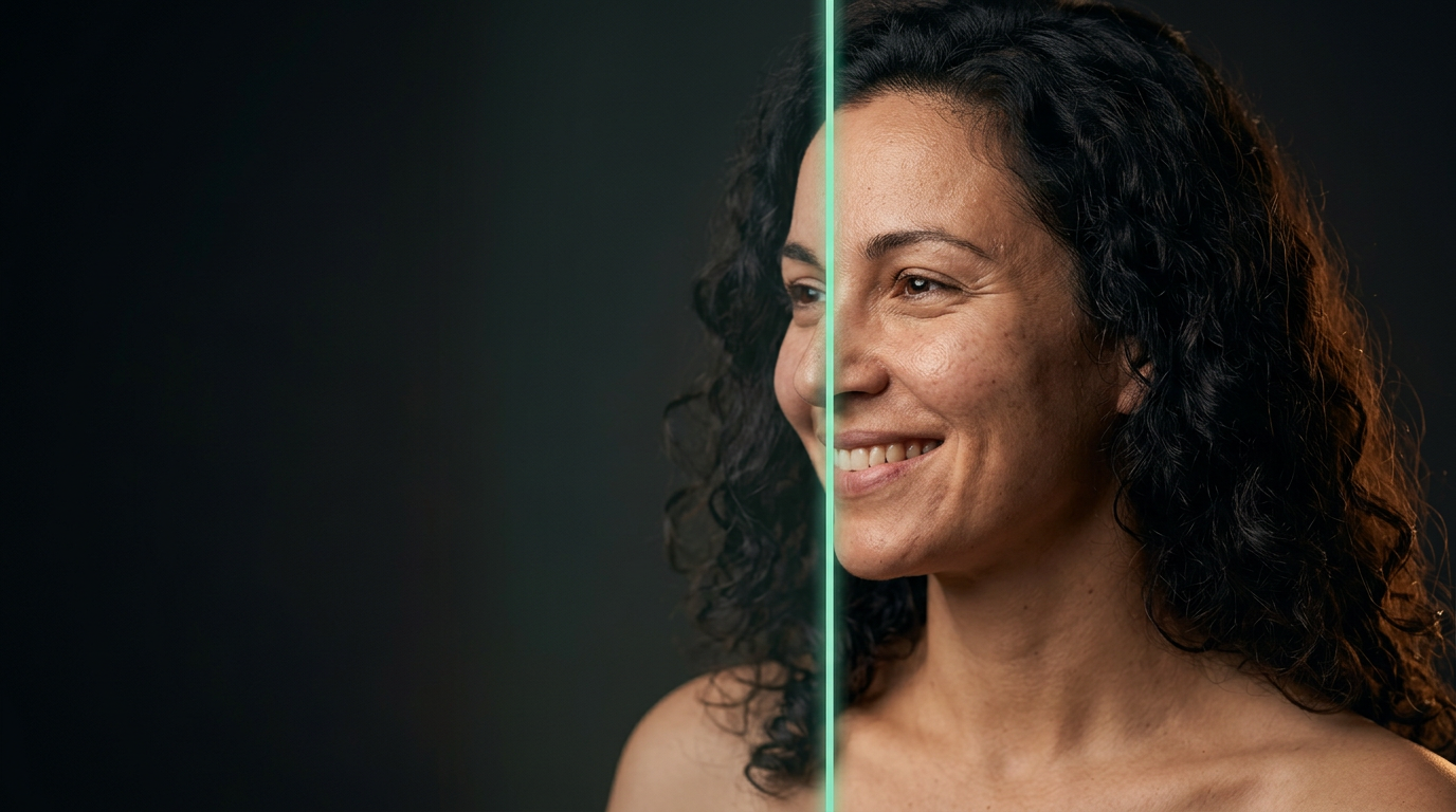 A patient's reveal moment — the GenView before and after line